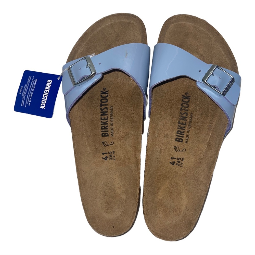 NWT BIRKENSTOCK Light Blue Madrid Buckle Patent Leather Slide Sandal Size 41 - Picture 3 of 5
